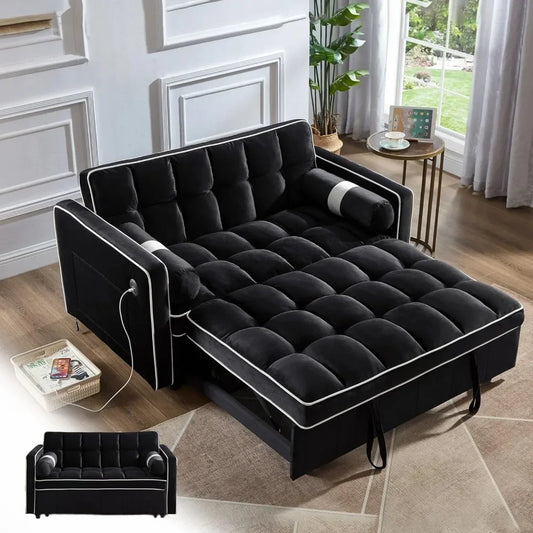 Sofa Bed, 3 in 1 Pull Out Convertible Sofa Bed with USB Ports - 55" Modern Velvet Sleeper Sofa with 3 Level Adjustable Backrest,