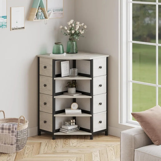 8 Drawers Corner Dresser with Storage Fabric Drawers and Open Shelves for Small Space，Bedroom，Entryway