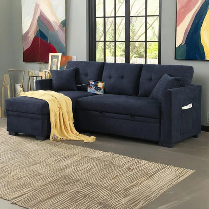 81.5-Inch L-Shaped Convertible Sectional Sofa: Tufted Upholstered Corner Couch with Storage Chaise and Pull-Out Bed - Modern Living Room Furniture - Lumawear