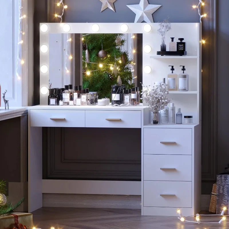 46.7” Vanity with Illuminated Mirror, Large Vanity with Storage Shelves and 5 Drawers, Bedroom Dresser