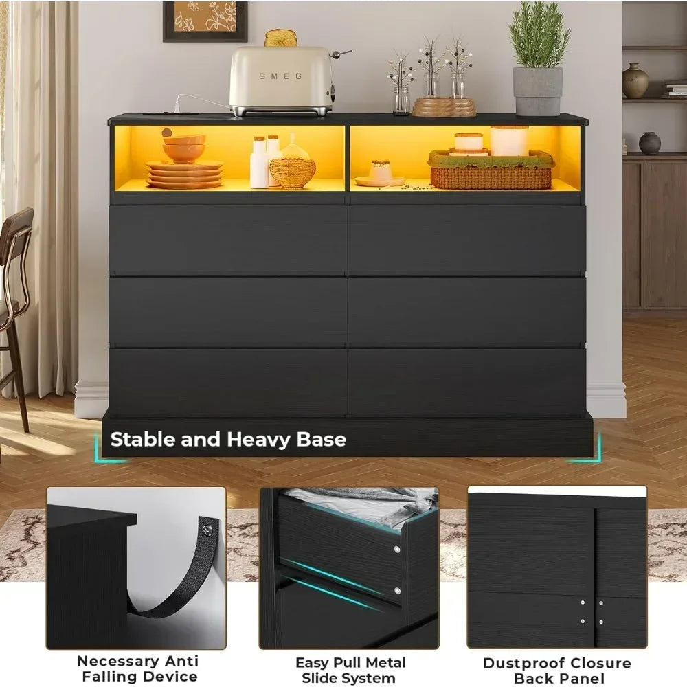 Black Dresser with LED Lights and Charging Station, 51.2" Long Dresser Chest,Modern 6 Drawer Dresser for Bedroom, Living Room