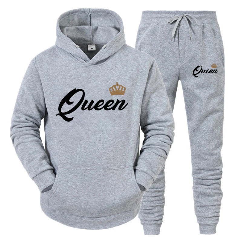 Couple Sportwear 2022 Fashion Set KING QUEEN Printed Lover Hooded Suits Hoodie and Pants 2pcs Set Streetwear Men Women Clothing