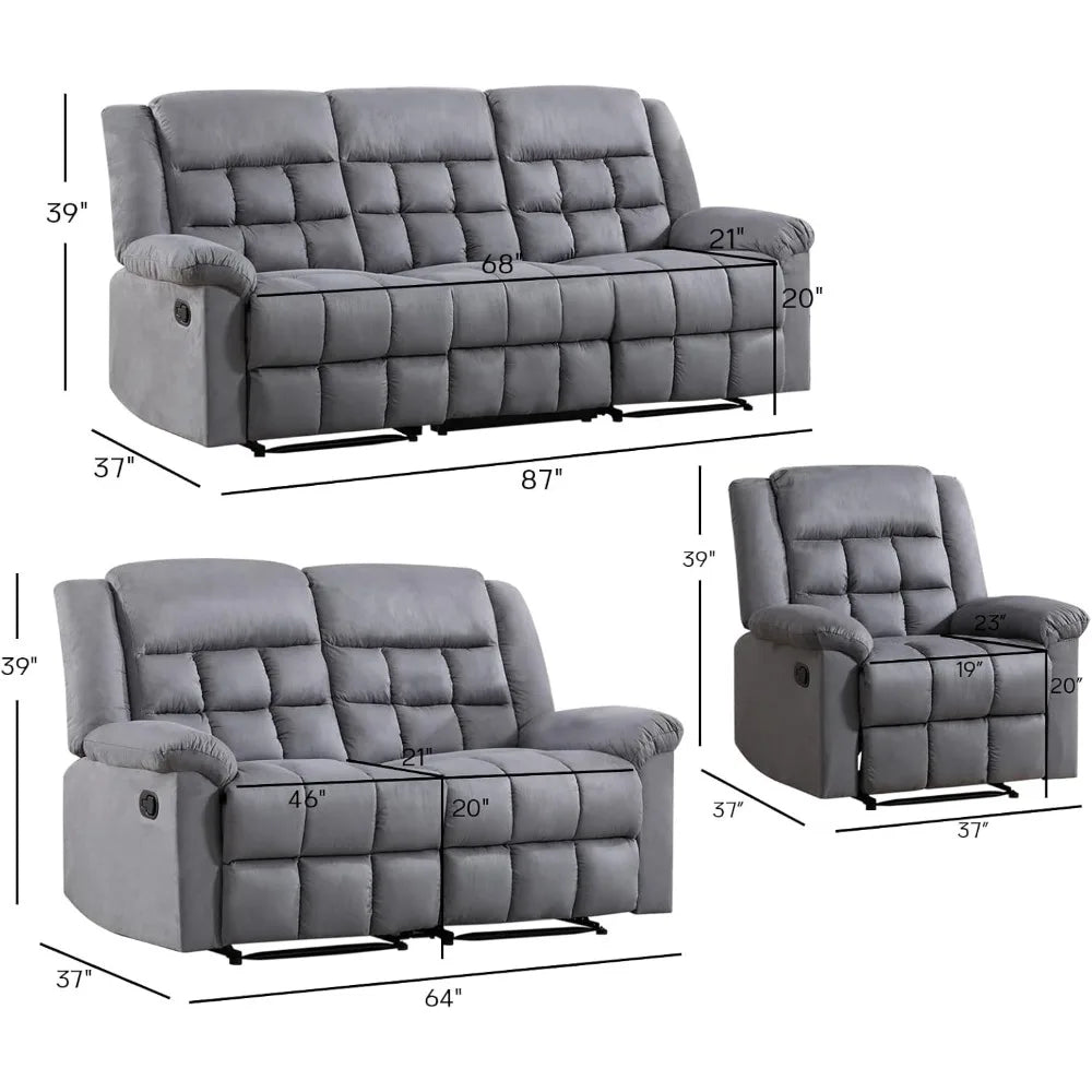 Manual Reclining Couch Sofa Set for Living Room, Include 1 Recliner Chair, 1 Loveseat Recliner Sofa and 1 3-Seat Reclining Sofa