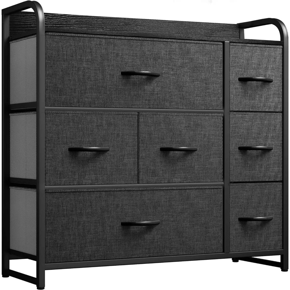 Fabric Dresser with 7 Drawers - Storage Tower Organizer Unit for Bedroom, Living Room, Closets - Sturdy Steel Frame, Wooden Top