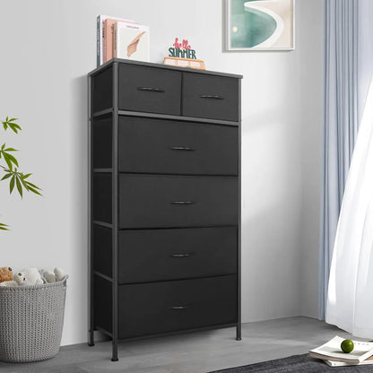 Tall Dresser For Bedroom, Vertical Storage Organizer Tower With 7 Drawers, Chest Of Drawers With Fabric Bins, Steel Frame, Wood