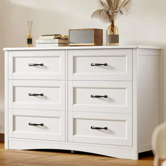 Dresser for Bedroom，47'' Larger Chest of Drawers with Mental Handle , White Dresser with 6 Storage Drawers for Living Room