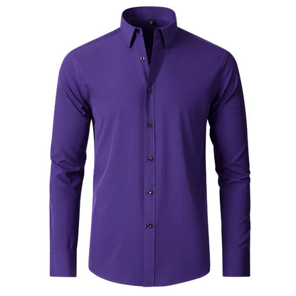 Plus Size 7XL 6XL High Elasticity Seamless Spandex Shirt Men Long Sleeve Slim Fit Casual Solid Color Social Formal Dress Shirts