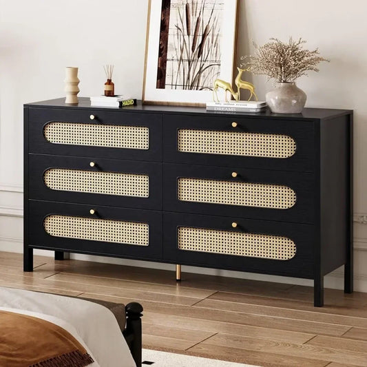 Wooden Black Boho Double Dresser Chest of Drawers With Golden Handles Vanity Desk Natural Rattan 6 Drawer Dresser for Bedroom