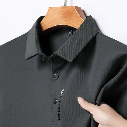 Men's Breathable Solid Color Polo Shirt: Comfortable & Elastic Short Sleeve Top for Casual Business Style - New Arrivals - Lumawear