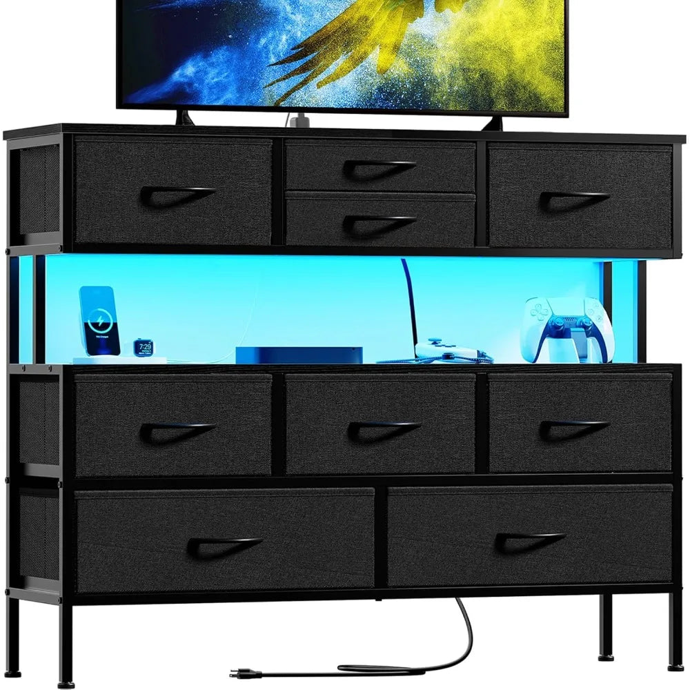 55" TV Stand with 9 Drawers and USB Charging Ports, LED Lights, Fabric Dresser for Bedroom or Living Room, Steel Frame, Large